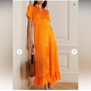 JACQUES Silk Button-Front Orange Midi Dress with Ruffle Hem